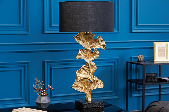 Lampe de table design GINKGO 70cm abat-jour en tissu noir métal doré socle en marbre fait main - 41694