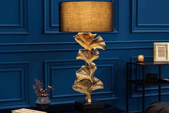 Lampe de table design GINKGO 70cm abat-jour en tissu noir métal doré socle en marbre fait main - 41694