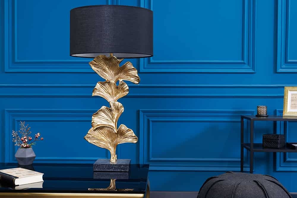 Lampe de table design GINKGO 70cm abat-jour en tissu noir métal doré socle en marbre fait main - 41694