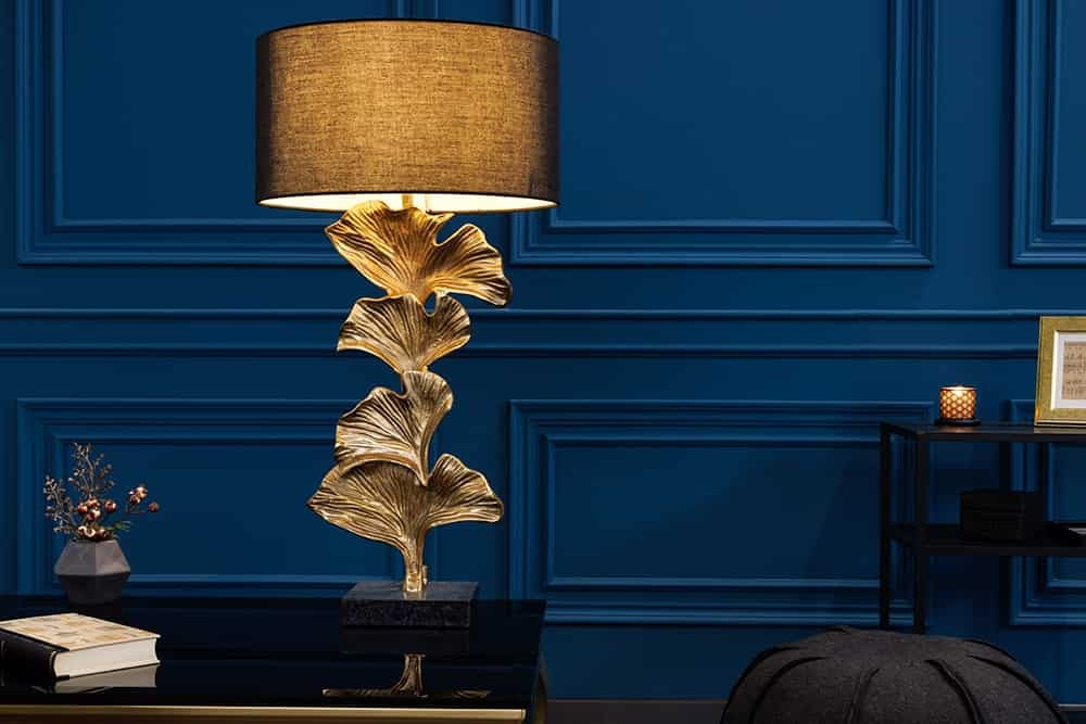 Lampe de table design GINKGO 70cm abat-jour en tissu noir métal doré socle en marbre fait main - 41694