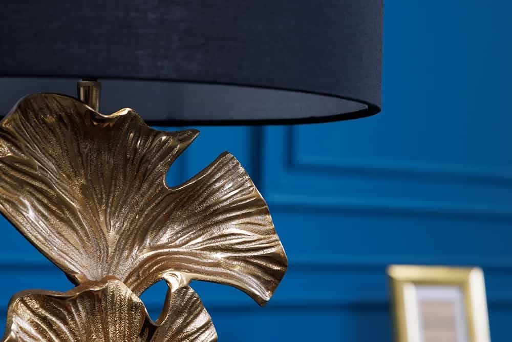 Lampe de table design GINKGO 70cm abat-jour en tissu noir métal doré socle en marbre fait main - 41694