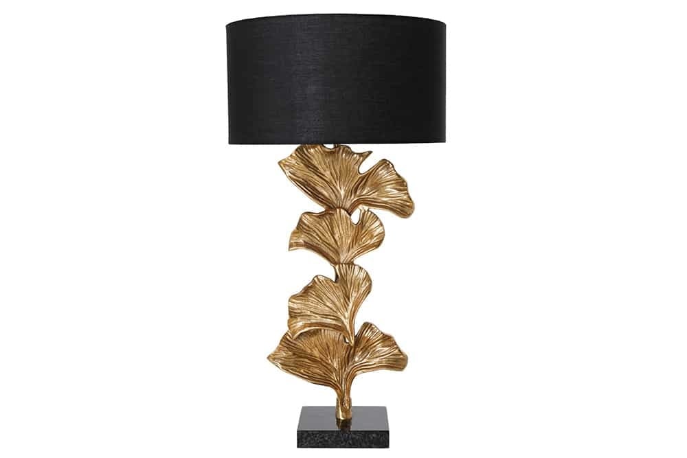 Lampe de table design GINKGO 70cm abat-jour en tissu noir métal doré socle en marbre fait main - 41694