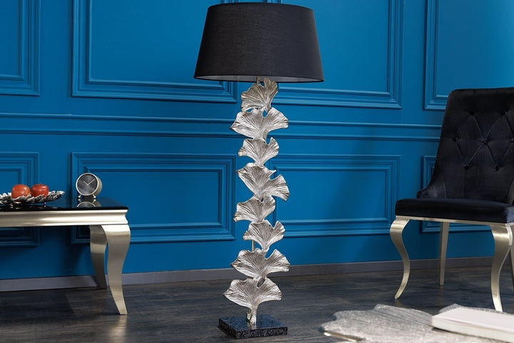 Lampadaire design GINKGO 122cm abat-jour en tissu noir métal argenté socle en marbre fait main - 41695