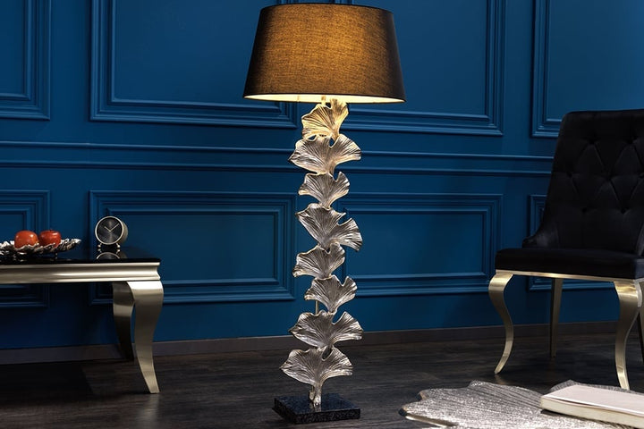 Lampadaire design GINKGO 122cm abat-jour en tissu noir métal argenté socle en marbre fait main - 41695