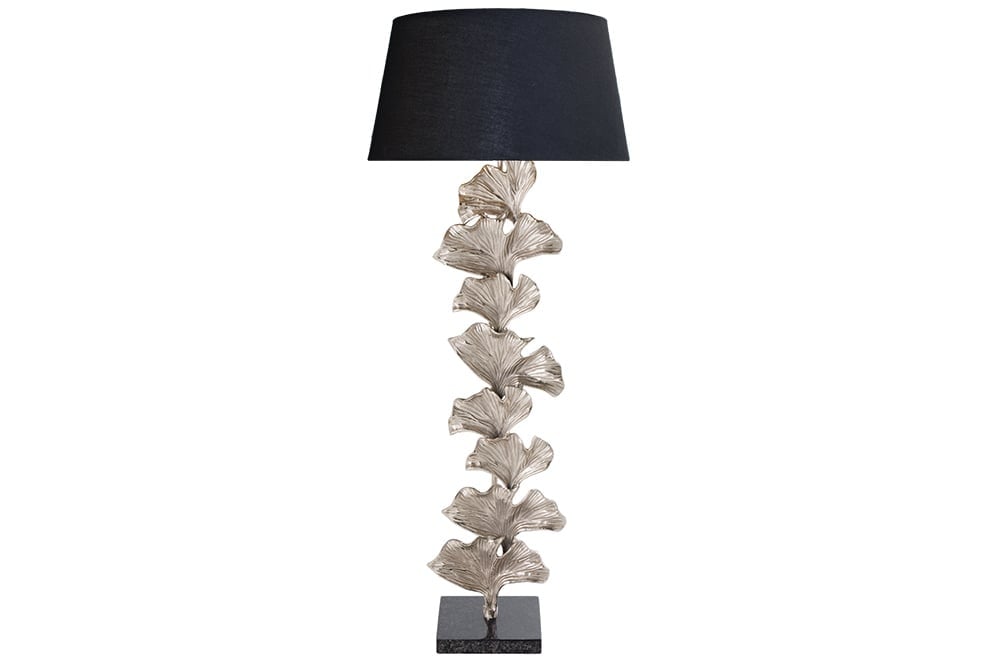 Lampadaire design GINKGO 122cm abat-jour en tissu noir métal argenté socle en marbre fait main - 41695