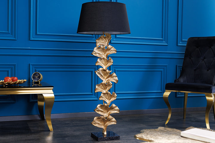 Lampadaire design GINKGO 122cm abat-jour en tissu noir métal doré socle en marbre fait main - 41696