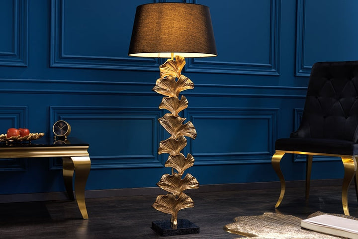 Lampadaire design GINKGO 122cm abat-jour en tissu noir métal doré socle en marbre fait main - 41696
