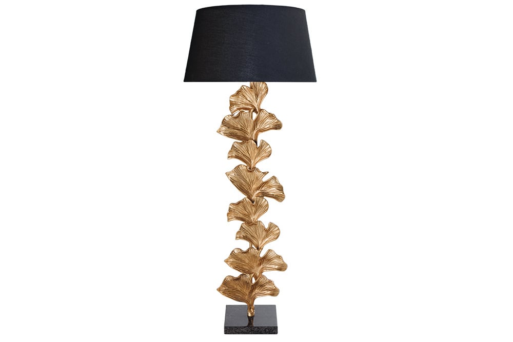 Lampadaire design GINKGO 122cm abat-jour en tissu noir métal doré socle en marbre fait main - 41696