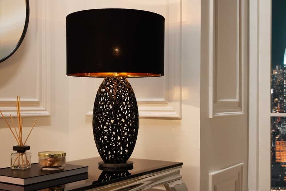 Lampe de table design ABSTRACT LEAF métal noir socle marbre fait main - 42231