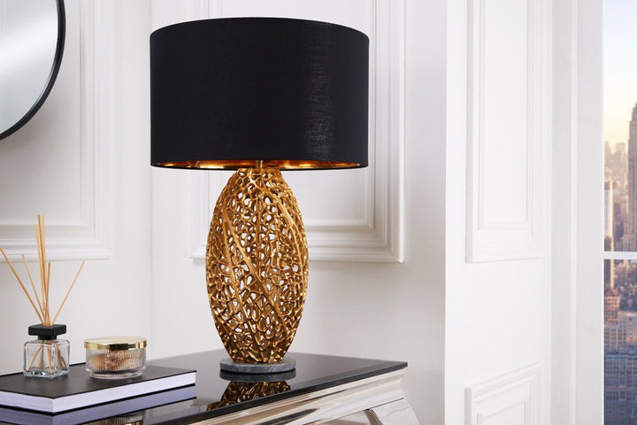 Lampe de table design ABSTRACT LEAF métal doré socle marbre noir fait main - 42232