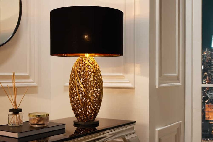 Lampe de table design ABSTRACT LEAF métal doré socle marbre noir fait main - 42232