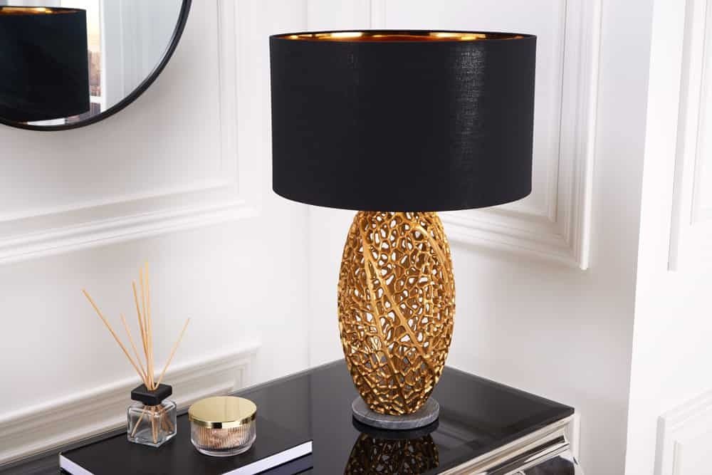 Lampe de table design ABSTRACT LEAF métal doré socle marbre noir fait main - 42232