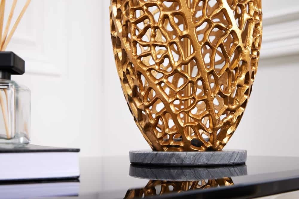 Lampe de table design ABSTRACT LEAF métal doré socle marbre noir fait main - 42232