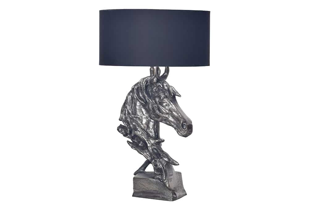 Lampe de table faite main CABALLO 60cm sculpture cheval en coton métal argenté-noir - 43624