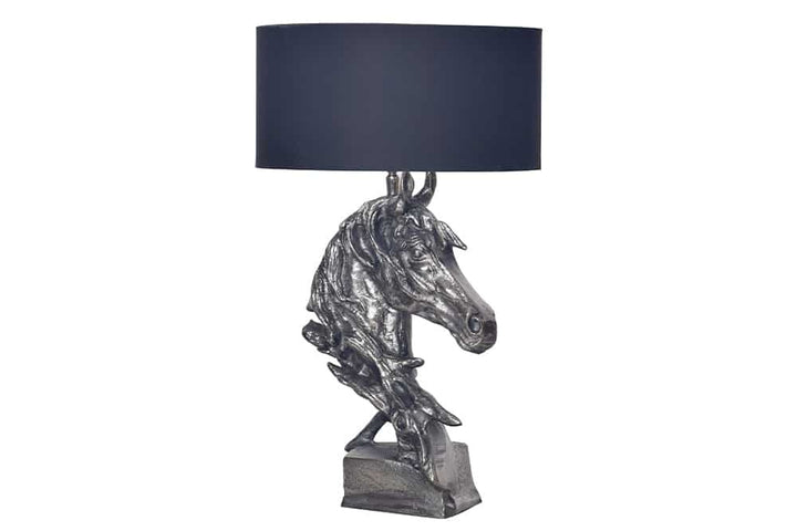 Lampe de table faite main CABALLO 60cm sculpture cheval en coton métal argenté-noir - 43624