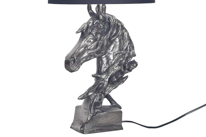 Lampe de table faite main CABALLO 60cm sculpture cheval en coton métal argenté-noir - 43624