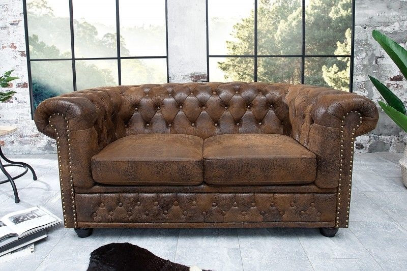 Canapé Chesterfield 2 places 150 cm marron antique avec surpiqûres boutons et âme à ressorts - 17109