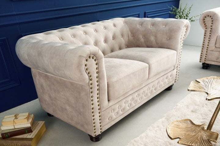 Canapé Chesterfield 2 places 150cm velours champagne 2 places avec surpiqûres boutons et âme à ressorts - 42311