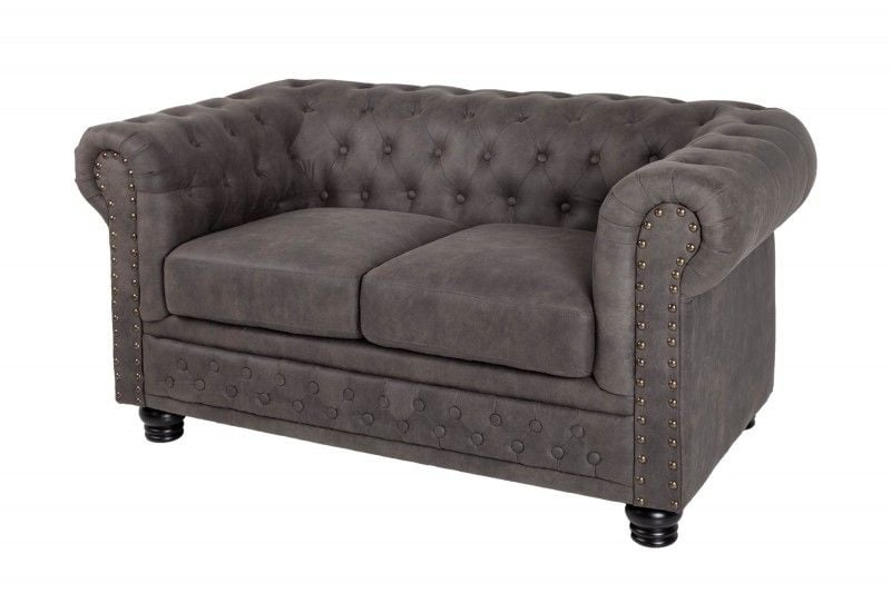 Canapé Chesterfield 2 places 150 cm vintage gris taupe avec surpiqûres boutons et âme ressorts - 40518