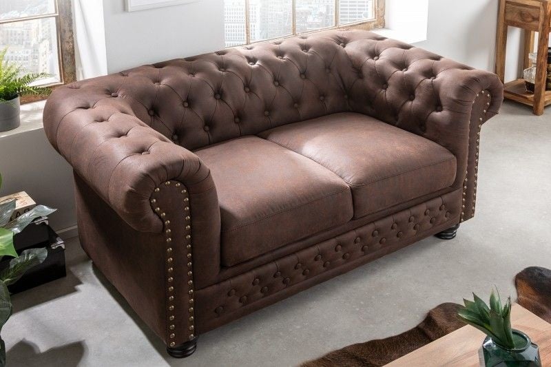 Canapé Chesterfield 2 places 150 cm marron vintage 2 places avec surpiqûres boutons et âme à ressorts - 40653