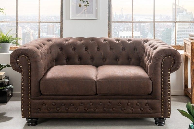 Canapé Chesterfield 2 places 150 cm marron vintage 2 places avec surpiqûres boutons et âme à ressorts - 40653