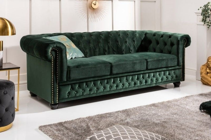 Canapé Chesterfield 3 places 205 cm velours vert bouteille avec surpiqûres boutons et âme à ressorts - 40483