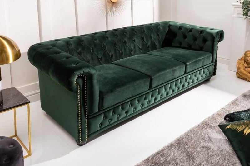 Canapé Chesterfield 3 places 205 cm velours vert bouteille avec surpiqûres boutons et âme à ressorts - 40483