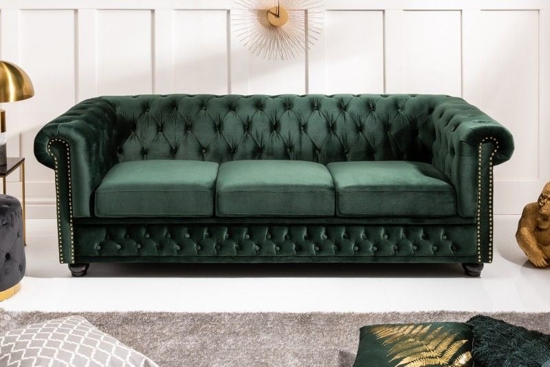 Canapé Chesterfield 3 places 205 cm velours vert bouteille avec surpiqûres boutons et âme à ressorts - 40483