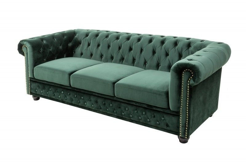 Canapé Chesterfield 3 places 205 cm velours vert bouteille avec surpiqûres boutons et âme à ressorts - 40483