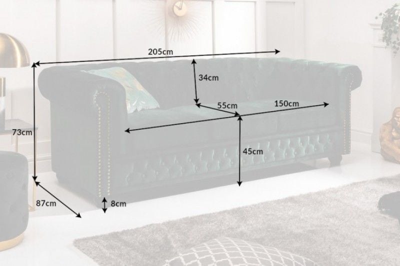 Canapé Chesterfield 3 places 205 cm velours vert bouteille avec surpiqûres boutons et âme à ressorts - 40483
