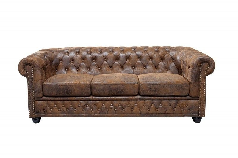 Canapé Chesterfield 3 places 205 cm marron antique avec surpiqûres boutons et âme à ressorts - 17382