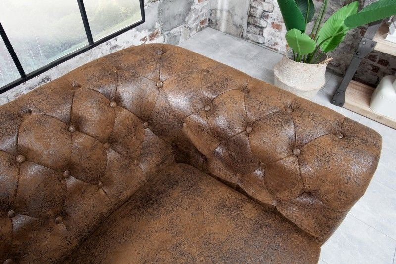 Canapé Chesterfield 3 places 205 cm marron antique avec surpiqûres boutons et âme à ressorts - 17382