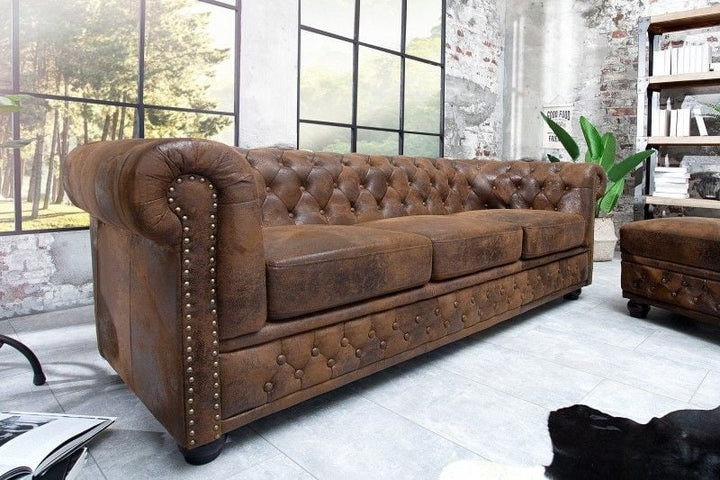 Canapé Chesterfield 3 places 205 cm marron antique avec surpiqûres boutons et âme à ressorts - 17382