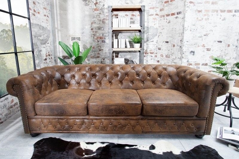 Canapé Chesterfield 3 places 205 cm marron antique avec surpiqûres boutons et âme à ressorts - 17382