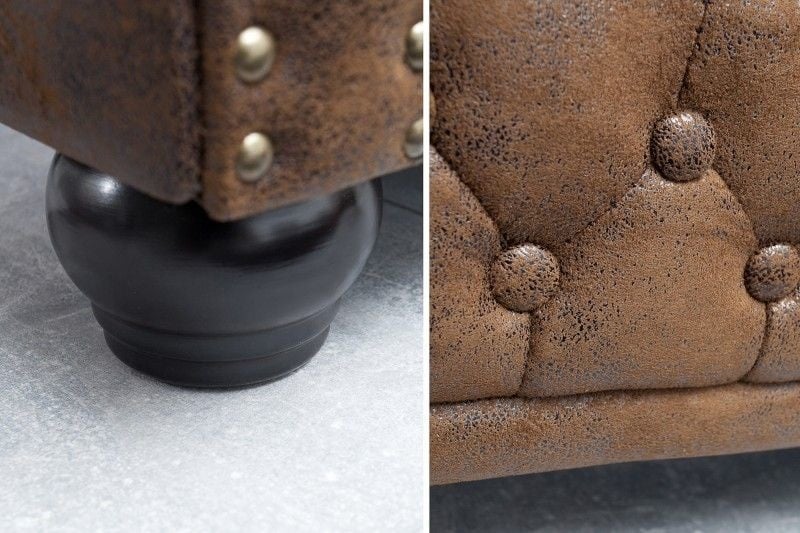 Canapé Chesterfield 3 places 205 cm marron antique avec surpiqûres boutons et âme à ressorts - 17382