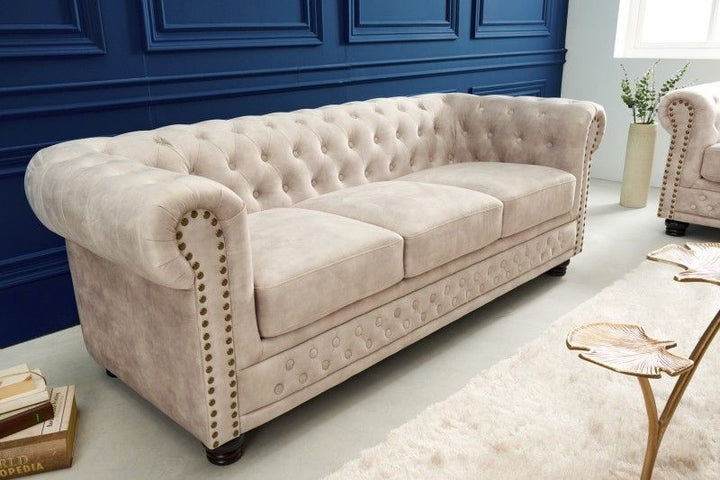Canapé Chesterfield 3 places 200cm velours champagne 3 places avec surpiqûres boutons et âme à ressorts - 42310
