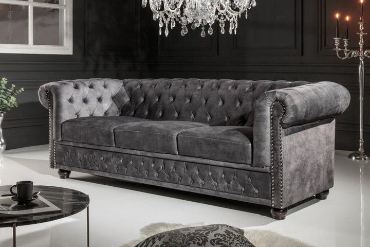 Canapé Chesterfield 3 places 205 cm velours gris avec surpiqûres boutons et âme à ressorts - 41215