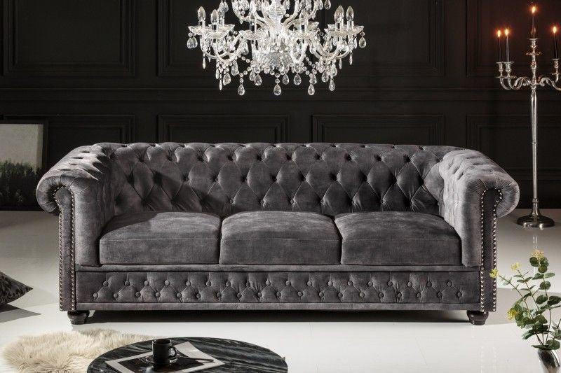 Canapé Chesterfield 3 places 205 cm velours gris avec surpiqûres boutons et âme à ressorts - 41215