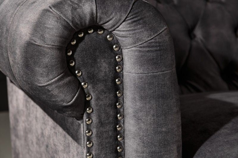 Canapé Chesterfield 3 places 205 cm velours gris avec surpiqûres boutons et âme à ressorts - 41215