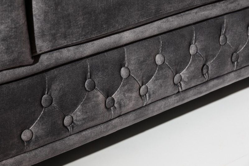 Canapé Chesterfield 3 places 205 cm velours gris avec surpiqûres boutons et âme à ressorts - 41215