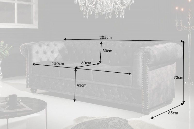 Canapé Chesterfield 3 places 205 cm velours gris avec surpiqûres boutons et âme à ressorts - 41215