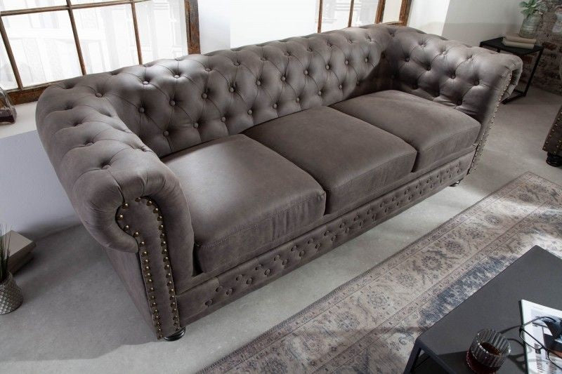 Canapé Chesterfield 3 places 205 cm vintage gris taupe 3 places avec surpiqûres boutons et âme à ressorts - 40517