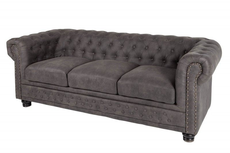 Canapé Chesterfield 3 places 205 cm vintage gris taupe 3 places avec surpiqûres boutons et âme à ressorts - 40517