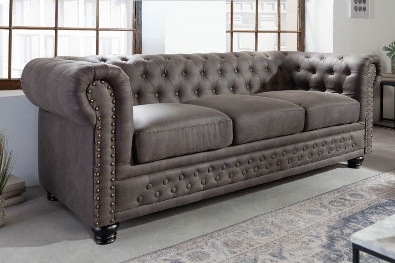 Canapé Chesterfield 3 places 205 cm vintage gris taupe 3 places avec surpiqûres boutons et âme à ressorts - 40517