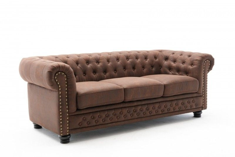 Canapé Chesterfield 3 places 200cm marron vintage 3 places avec surpiqûres boutons et âme à ressorts - 40652