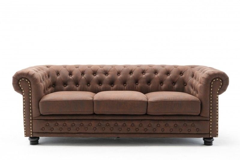 Canapé Chesterfield 3 places 200cm marron vintage 3 places avec surpiqûres boutons et âme à ressorts - 40652