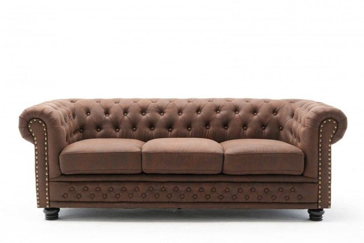 Canapé Chesterfield 3 places 200cm marron vintage 3 places avec surpiqûres boutons et âme à ressorts - 40652