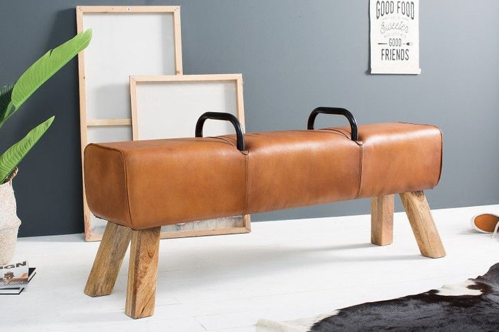Canapé rétro TURNBOCK 134cm avec revêtement en cuir véritable canapé en bois de manguier - 38481