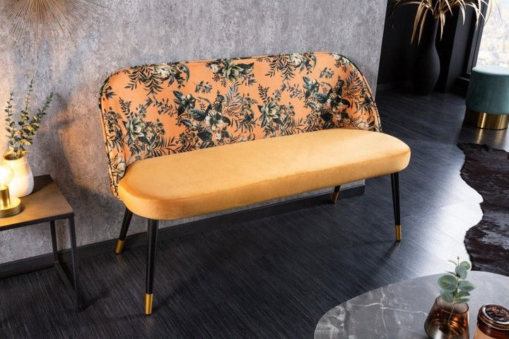 Canapé design PRET-A-PORTER velours jaune motif floral et embouts pieds dorés - 41705
