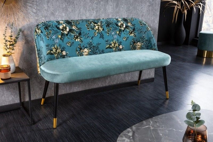 Canapé design PRET-A-PORTER velours turquoise motif floral et embouts pieds dorés - 41706